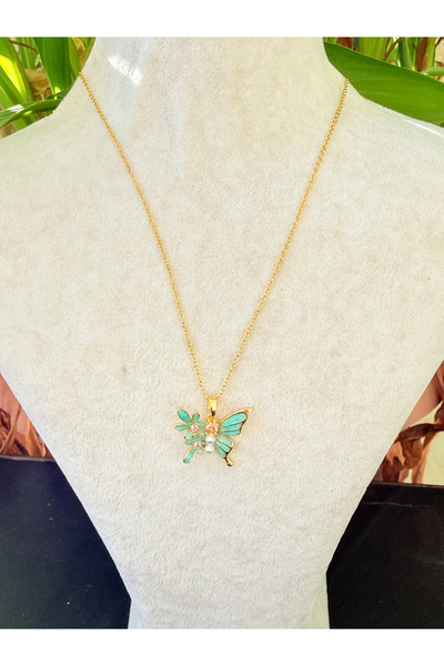 ATLASAKSESUARR Blue Enamel Butterfly Steel Gold Necklace