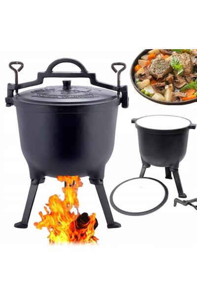 Kamille cazan, fontă emailată, 8 litri, negru, pentru gătit la foc deschis