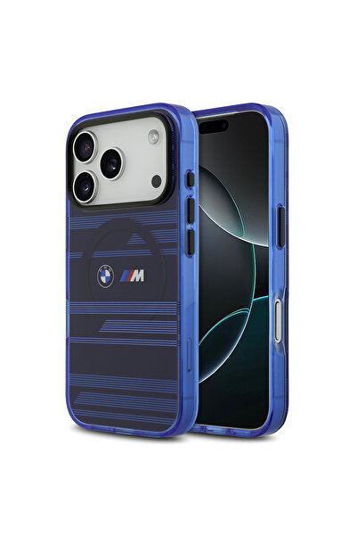 BMW iPhone 17 Pro Kılıf Lisanslı M-safeli Metal Kamera Butonlu Yatay Şeritli M Dizayn Kapak Mavi