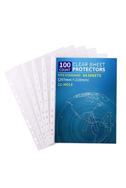 HUA JIE A4 Clear Sheet Protectors – 100 Pieces, 11-Hole, 0.04 mm, Reinforced Edges
