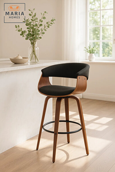 MARIA HOMES كرسي بار دوار أسود مع مسند ظهر خشبي منحني، ومقعد مبطن، ومسند قدم ...