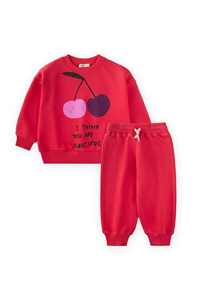 Cigit Kiraz Printed Sweatshirt Set 2-10 Years Old Pomegranate Flower