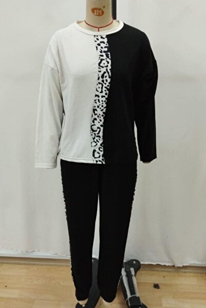 Mossta Crew Neck Double Color Viscose Two Thread Blouse Pants Two Piece Set - Black