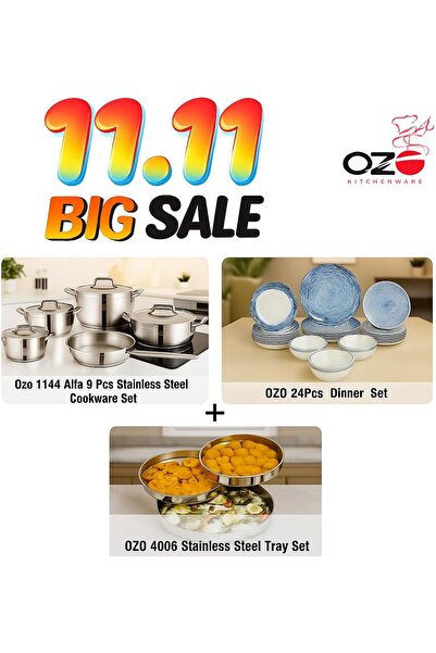ozo 3-in-1 Combo|Stainless Steel Cookware Set (1144) + 24 Pcs Dinner Set (2503) + 3 Pcs Tray Set (4006)