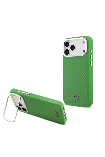 Lacoste iPhone 17 Pro Max Case Licensed M-Safeli Pu Pike Patterned Stand Cover with Metal Logo Green