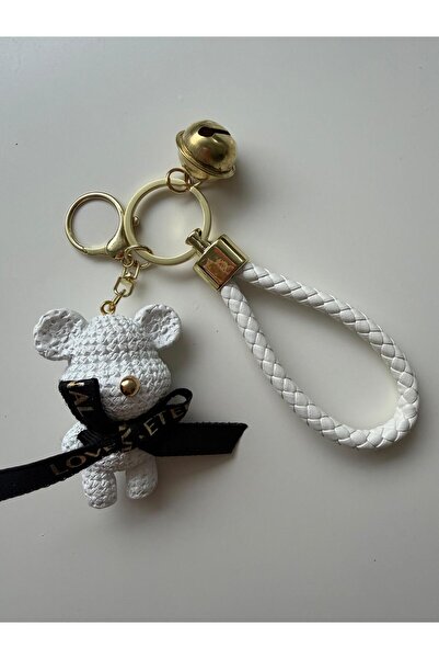 Bumelo ميدالية مفاتيح إبداعية على شكل دمية دب من الجلد الأبيض