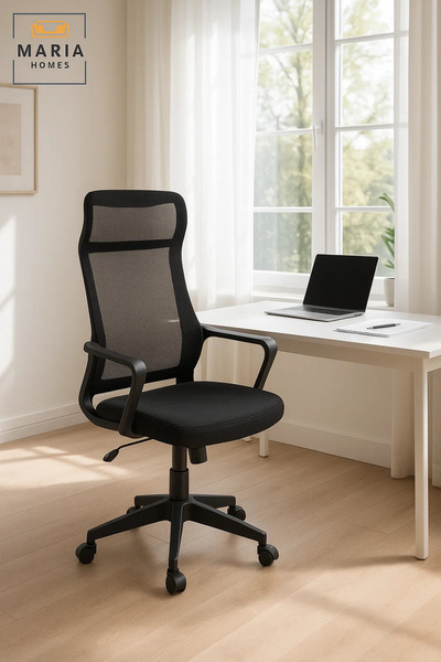 MARIA HOMES كرسي مكتب مريح باللون الأسود مع ظهر شبكي مرتفع - قابل للدوران، وارتفاع قابل للتعديل، وتصميم مريح