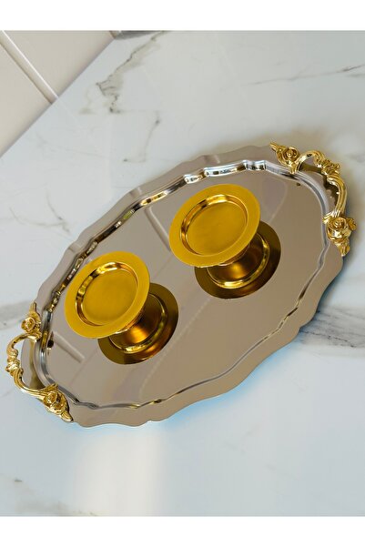 Melinda Lunea 2-Piece Gold Handled Oval Coffee and Promise Tray - Ring Holder Set (20X25Cm)