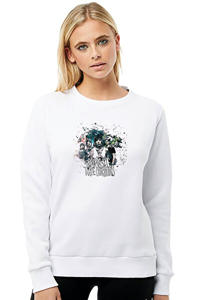 QIVI Bring Me The Horizon Bring Me مطبوع سترة نسائية بيضاء محبوكة بأكمام طويلة