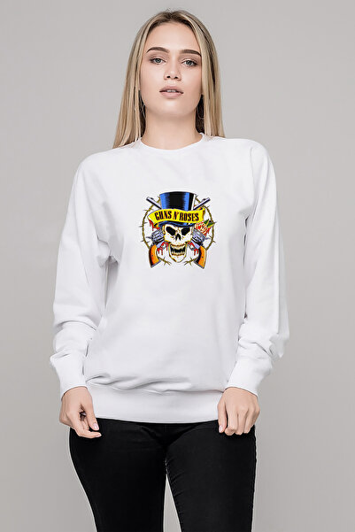 QIVI Guns'N Roses Skull Gun Rose Printed White Women's Knitted Sweatshirt Long Sleeve