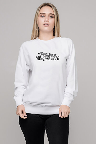 QIVI Bullet for My Valentine Black Rose Printed White Women's Knitted Sweatshirt Long Sleeve