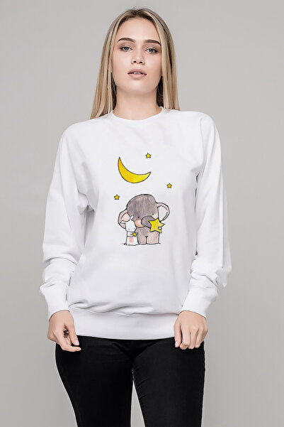 QIVI Elephant and Rabbit Printed White Women's Knitted Sweatshirt Long Sleeve