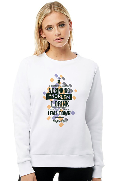 QIVI Drinking Problem Printed White Women's Knitted Sweatshirt Long Sleeve