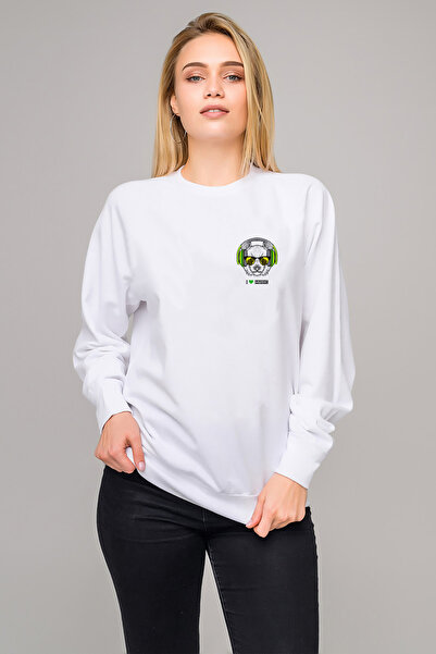 QIVI سويت شيرت Panda I Love Music Chest مطبوع للسيدات باللون الأبيض محبوك بأك...