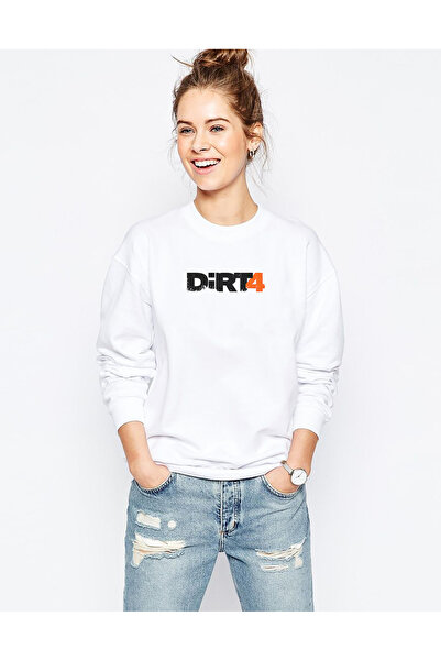QIVI Dirt 4 Printed White Women's Knitted Sweatshirt Long Sleeve