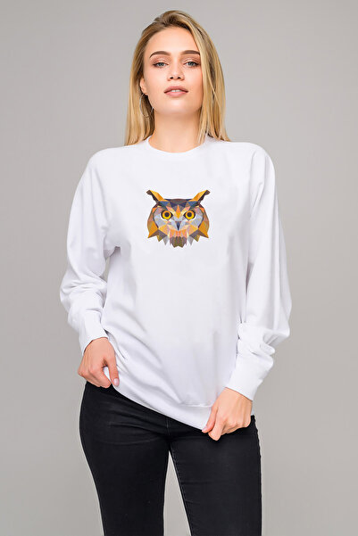 QIVI سويت شيرت نسائي محبوك من Polygonal Head Owl Baykuş مطبوع باللون الأبيض ب...