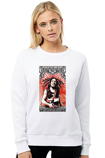 QIVI بوب مارلي 1 مطبوع سترة نسائية بيضاء محبوكة بأكمام طويلة