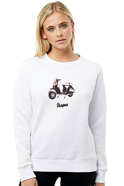 QIVI سويت شيرت نسائي محبوك من Vespa مطبوع باللون الأبيض بأكمام طويلة