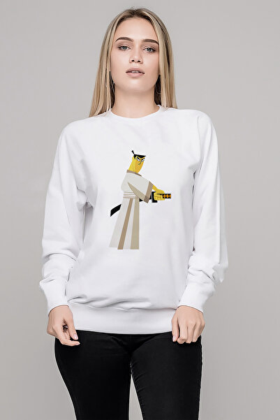 QIVI سويت شيرت ساموراي جاك مطبوع نسائي أبيض محبوك بأكمام طويلة