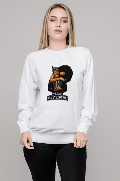 QIVI سويت شيرت راب هيب هوب 2pac All Eyez On مطبوع للسيدات باللون الأبيض محبوك...