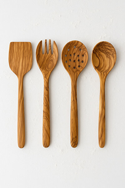 Home Olive Tree 4-Piece Handmade Wooden Kitchen Utensil Set – Spoon, Spatula,...