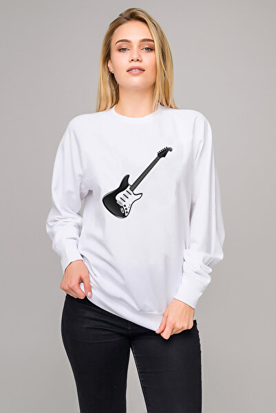 QIVI Electric Guitar Rock Music Printed White Women's Knitted Sweatshirt Long...