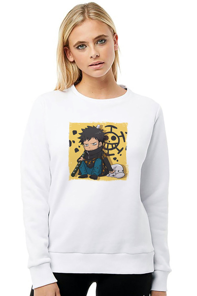 QIVI Anime One Piece Luffy Run Printed White Women's Knitted Sweatshirt Long ...