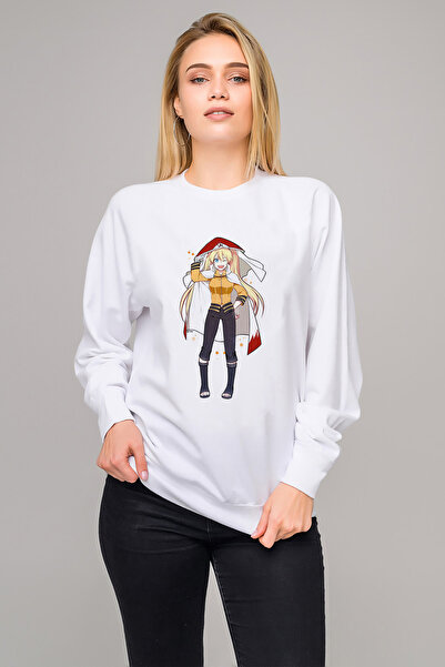 QIVI سويت شيرت أنمي ناروتو مطبوع للسيدات باللون الأبيض بأكمام طويلة