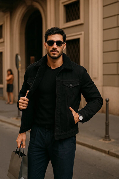 comstar Men's Winter Casual Fur Lined Classic Black Denim Jacket