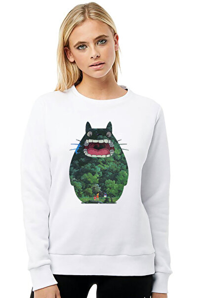 QIVI My Neighbor Totoro Printed White Women's Knitted Sweatshirt Long Sleeve
