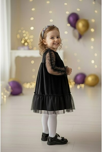 penu baby kids Black Velvet Long Tulle Sleeve Girl's Dress with Ruffles on the Sleeves and Hem
