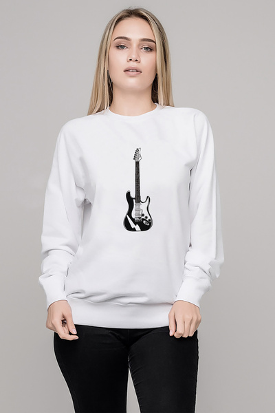 QIVI White and Black Electric Guitar Music Printed White Women's Knitted Swea...