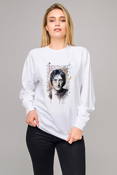 QIVI سترة جون لينون مطبوع النسائية البيضاء المحبوكة بأكمام طويلة