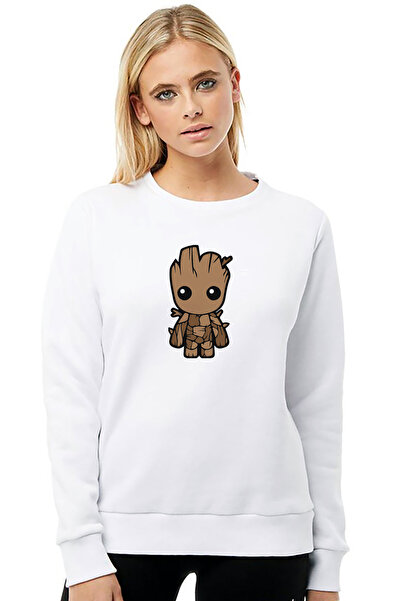 QIVI I Am Groot Baby Printed White Women's Knitted Sweatshirt Long Sleeve