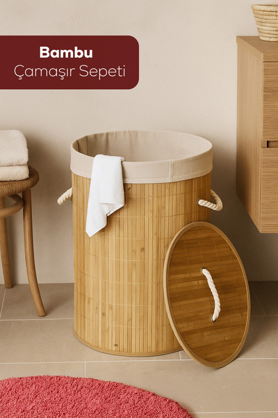 Porsima Pbt-052 Kapaklı Kirli Çamaşır Sepeti Yuvarlak - Bambu Kirli Çamaşır S...