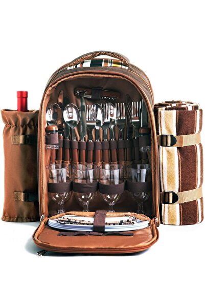 hap tim حقيبة ظهر للنزهات لأربعة أشخاص مع بطانية صوفية مبردة ومجموعة أطباق وأ...