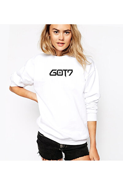 QIVI Got7 Logo Printed White Women's Knitted Sweatshirt Long Sleeve