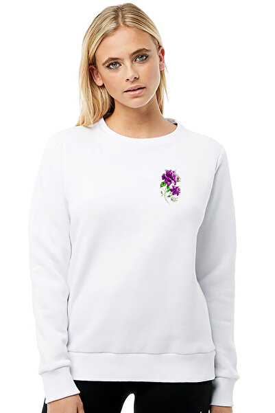 QIVI Mor Flower مطبوع سترة نسائية محبوكة باللون الأبيض بأكمام طويلة