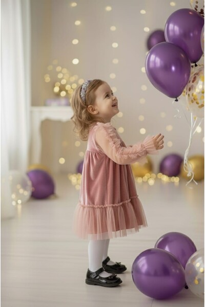 penu baby kids Powder Velvet Long Tulle Sleeve Girl's Dress with Ruffles on the Sleeves and Hem