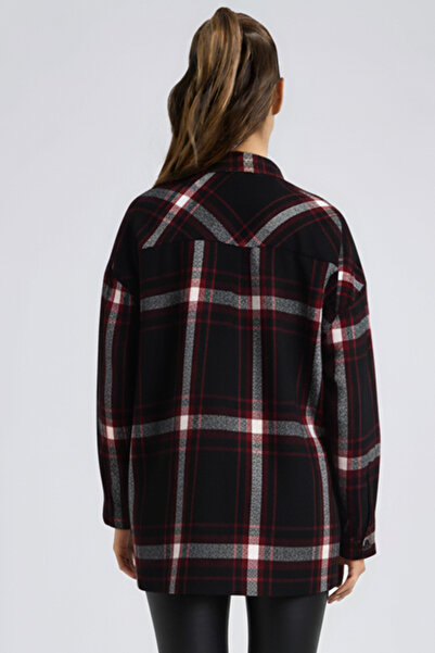 armonika Women's Black-Burgundy Men's Collar Side Slit Oversized Jacket Arm-26K001009