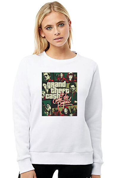 QIVI La Case De Papel Grand Theft Printed White Women's Knitted Sweatshirt Lo...