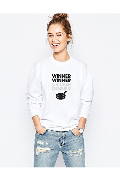 QIVI Pubg Winner Tava Printed White Women's Knitted Sweatshirt Long Sleeve