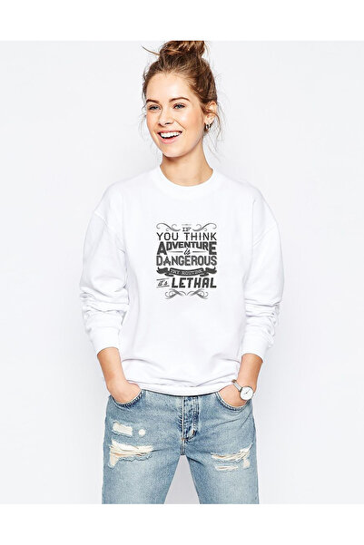 QIVI You Think Adventure Is Dangerous Printed White Women's Knitted Sweatshir...