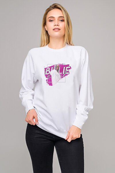 QIVI Billi E Eilish Logo Blosh Printed White Women's Knitted Sweatshirt Long ...