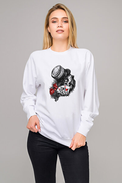 QIVI Gamblıng Poker Rose Skull Printed White Women's Knitted Sweatshirt Long ...