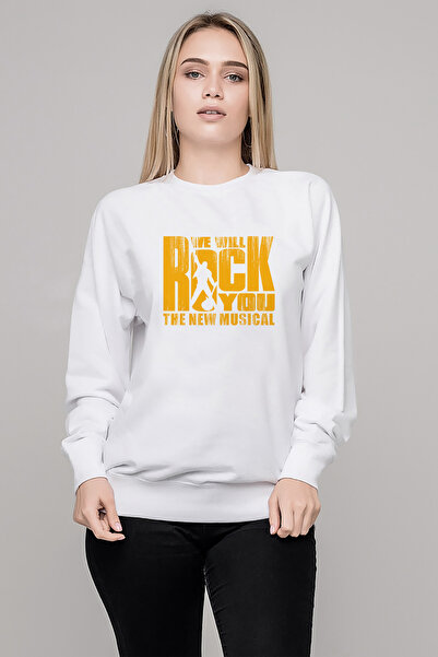 QIVI Queen We Will Rock You Printed White Women's Knitted Sweatshirt Long Sleeve