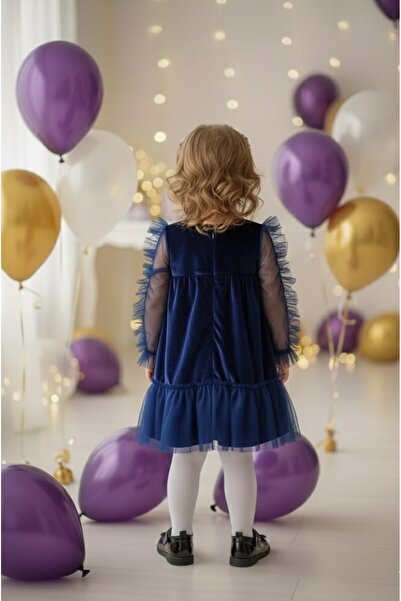 penu baby kids Μπλε βελούδινο μακρυμάνικο φόρεμα για κοριτσάκι με βολάν στα μανίκια και την άκρη της φούστας