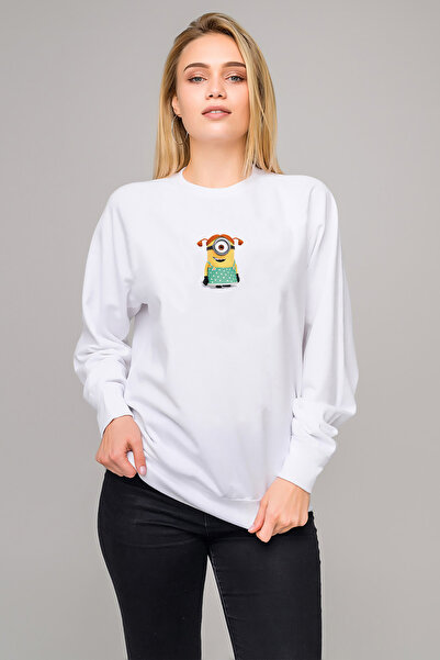 QIVI Minion Stuart Minion Stuart مطبوع سترة نسائية بيضاء محبوكة بأكمام طويلة