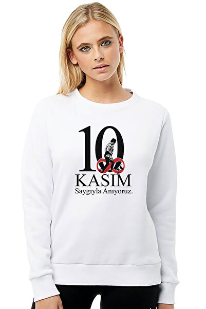 QIVI 10 November Anit Kabir White Background Printed White Women's Knitted Sweatshirt Long Sleeve