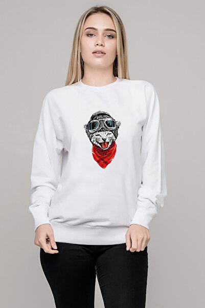 QIVI سترة Kedi Buff مطبوع للسيدات باللون الأبيض محبوكة بأكمام طويلة